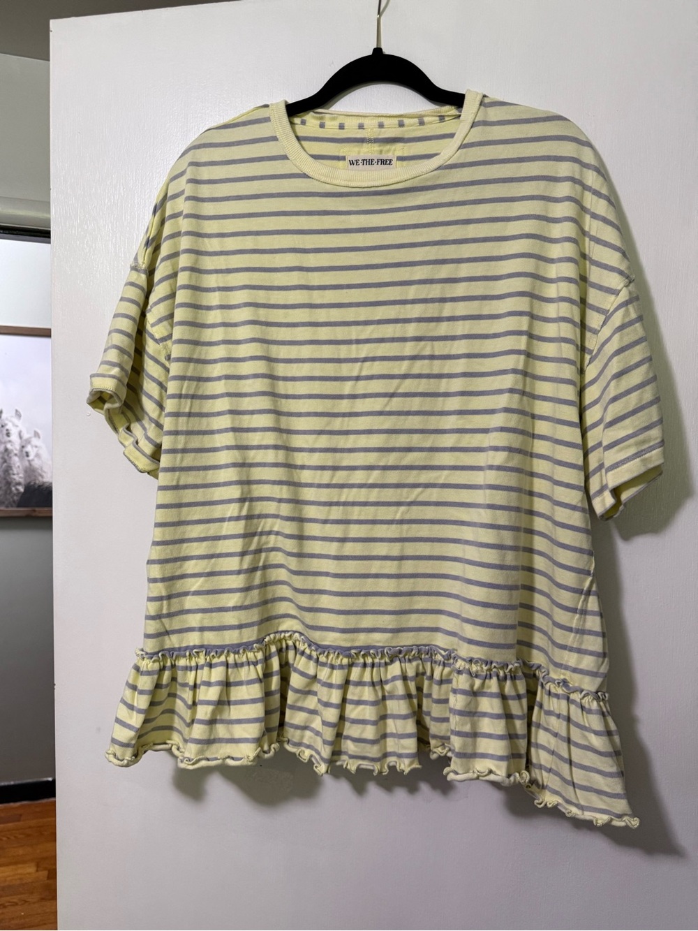 Free People Yellow and Gray Striped Ruffle Hem Tee